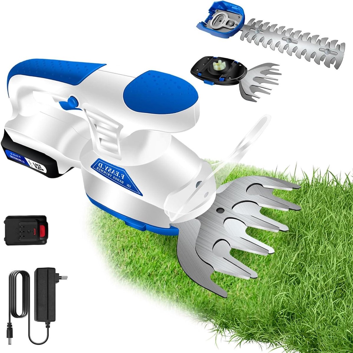 Accu heggenschaar grasschaar 12 V 2 in 1 snoeischaar gazonkantensnijder 25000RPM elektrisch incl. accu & oplader & 2 messen opzetstukken voor heggen gazon.
