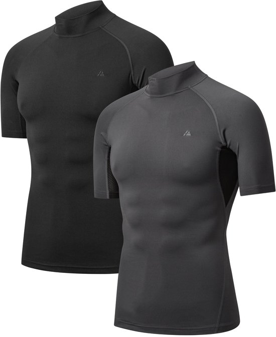 Twee compressie shirts met korte mouwen, in zwart en donkergrijs, met hoge hals.