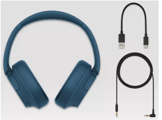 Blauwe Sony WH-CH720N koptelefoon met accessoires: USB-C kabel en audiokabel.