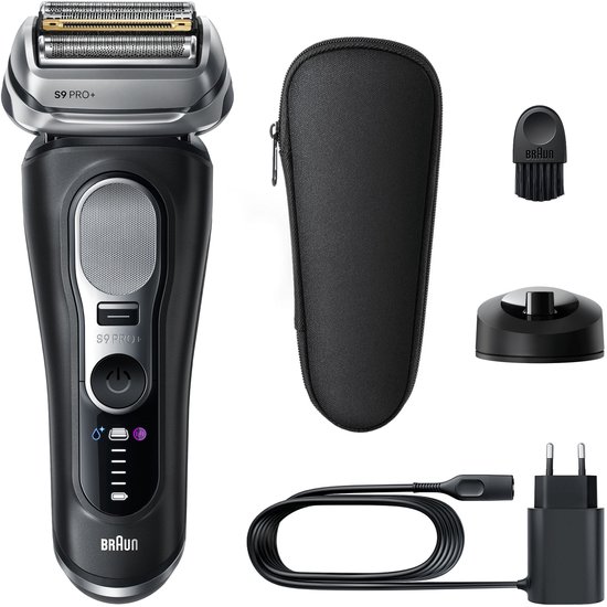 Rasoir Braun Series 9 PRO+ noir, avec étui de rasage, brosse de nettoyage, station de charge, câble et prise.