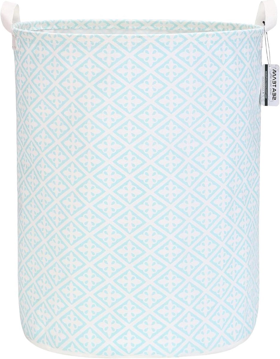 Grote Maat Waterdichte Coating Ramie Katoen Stof Opvouwbare Wasmand Emmer Cilindrische Jute Canvas Opbergmand met Stijlvolle Diamant Bloem Babyblue Ontwerp - 197 Inch