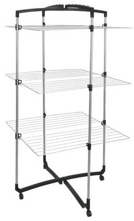 Zilverkleurige droogtoren met 3 etages, op wielen, met een zilverkleurige frame.