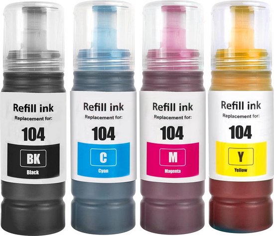 Vier navulinktflessen voor "Refill ink 104", zwart, cyaan, magenta en geel.