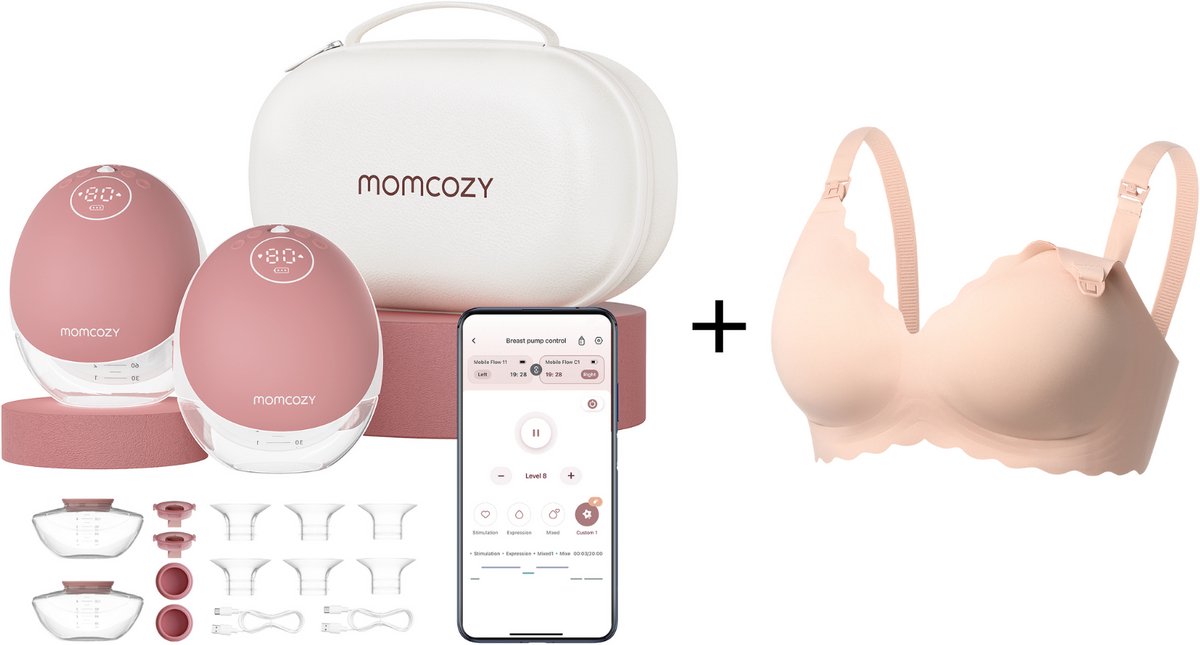 Momcozy M9 Handsfree Borstkolf - 2 stuks - Met voedingsbeha maat M - Inclusief verschillende borstschild inserts - Extra stil en compact - Met app bediening - Elektrisch - Rood