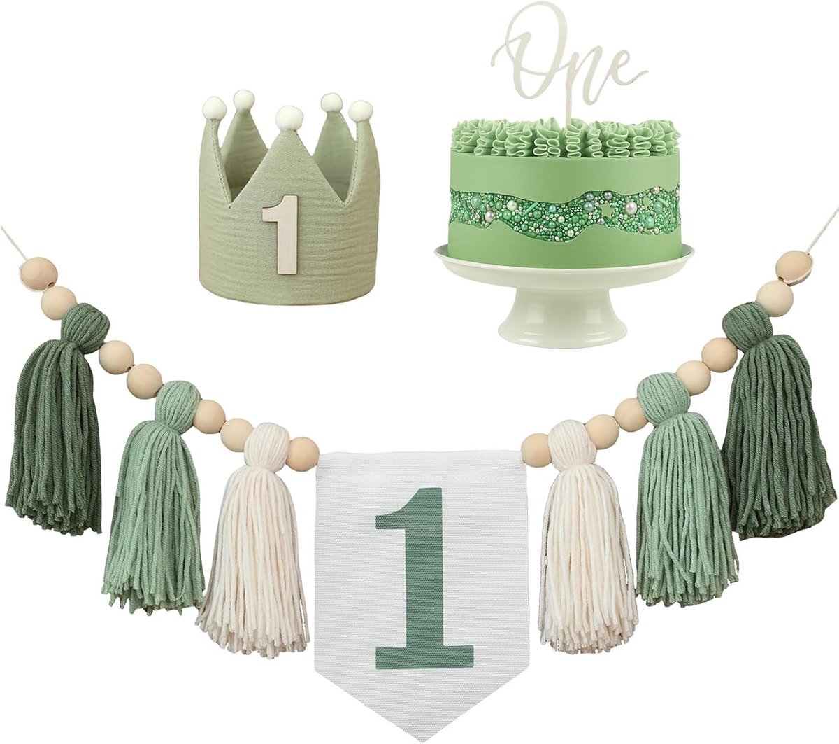 Image of 1 Verjaardag Kinderstoel Banner - Groene Feestdecoratie - Meisjes Jongens Baby Shower Kinderkamer (met 1 “One” Houten Bordjes)