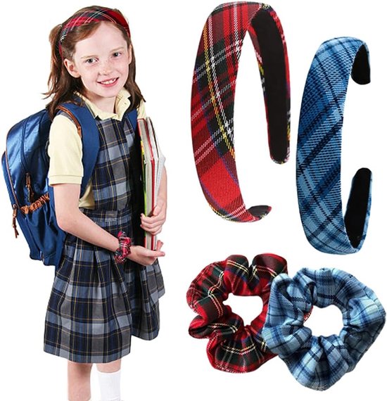 TRKETK 2 stuks tartan hoofdband, stoffen hoofdband met tartan scrunchies haar vintage alice band haar geruite elastische gewatteerde hoofdbanden Schots geruite haarband voor vrouwen meisjes (rood