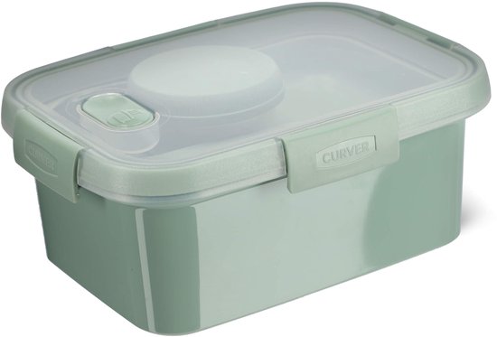 Boîte à lunch Curver vert pâle avec couvercle transparent et mécanisme de fermeture vert.
