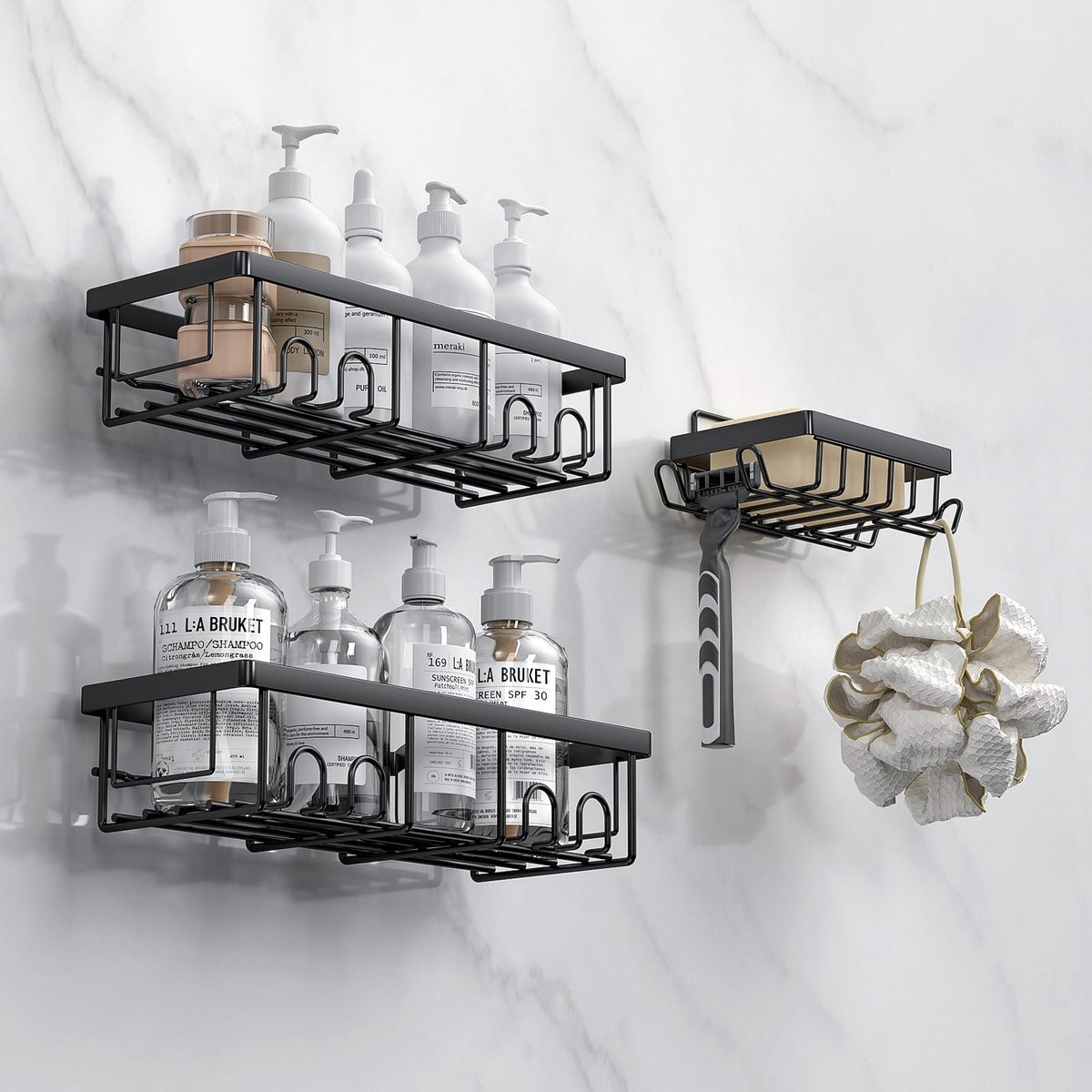 Ibenzoa® Zelfklevend doucherek set van 3, zwart, zonder boren, stevige metalen constructie met haak