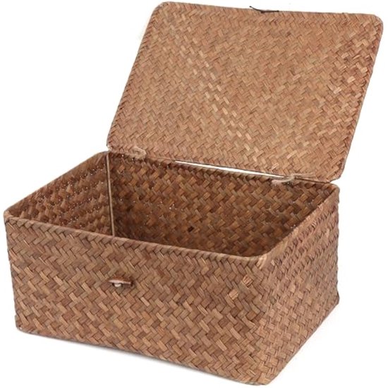 FEILANDUO Rieten opbergmanden met deksels, zeegras geweven manden voor planken, stapelbare opbergdozen voor het organiseren van rotanbakken (natuurlijk, kleine set van 3 (L/M/S