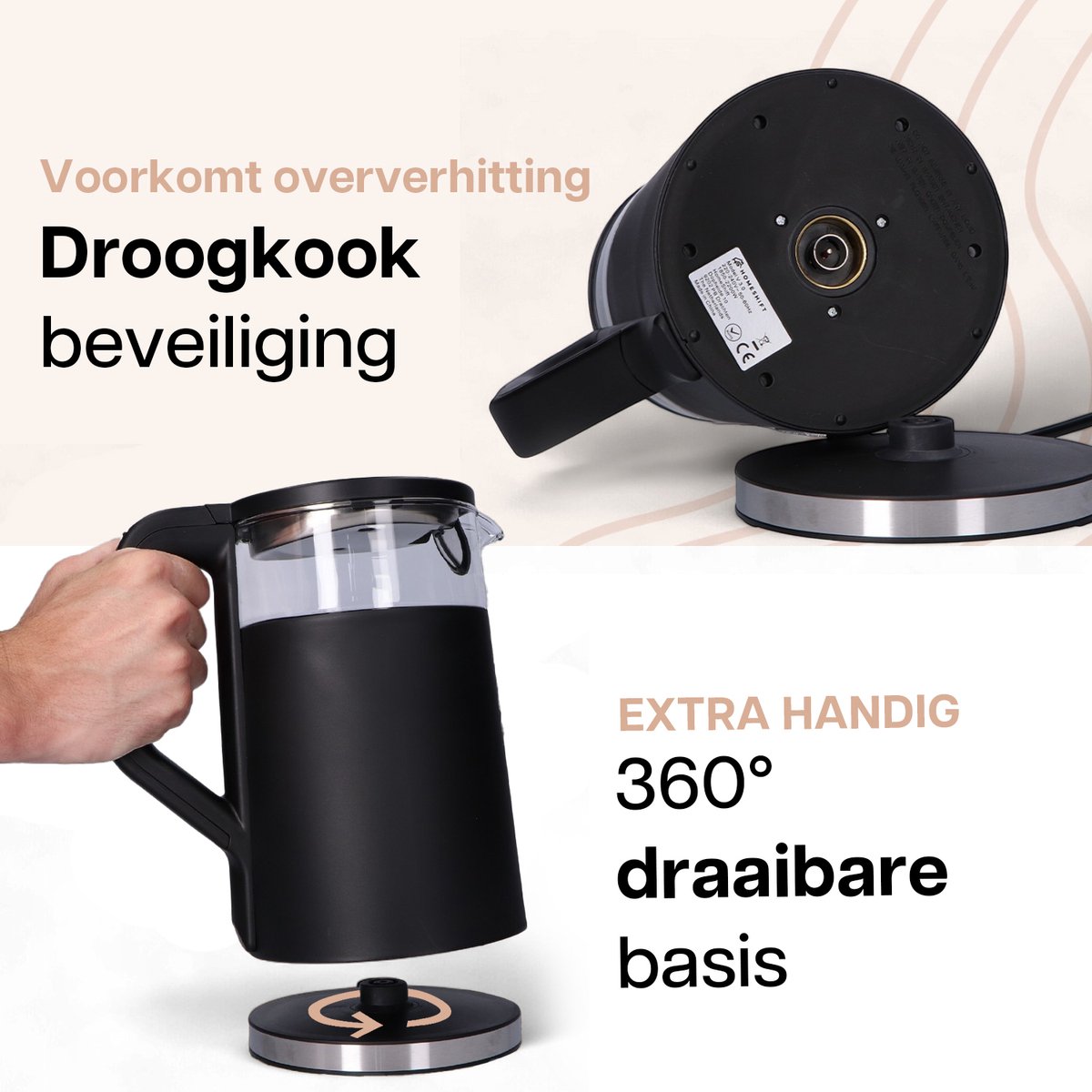 HomeShift® Waterkoker met Temperatuurregeling - Warmhoudfunctie - Dubbelwandig - Elektrisch - 1,7 Liter - 2200W - Zwart — afbeelding 5