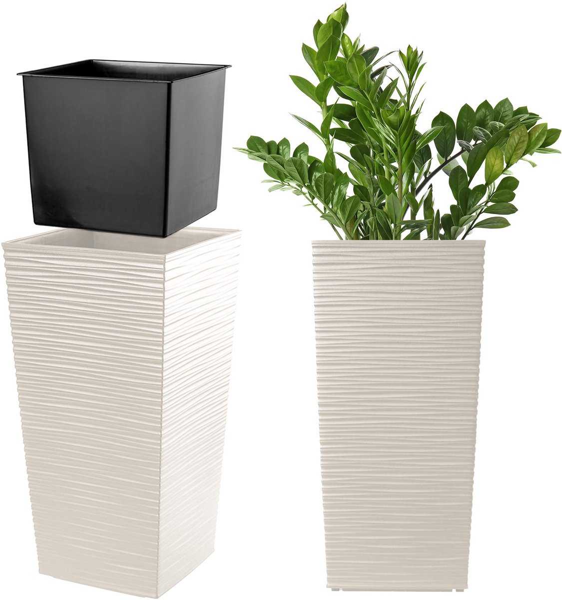 KADAX Bloempot, bloembak van kunststof, plantenbak voor bloemen, binnen en buiten, tuin, balkon, terras, huis, weerbestendig, rotan imitatie (36,5 cm hoog, crème)