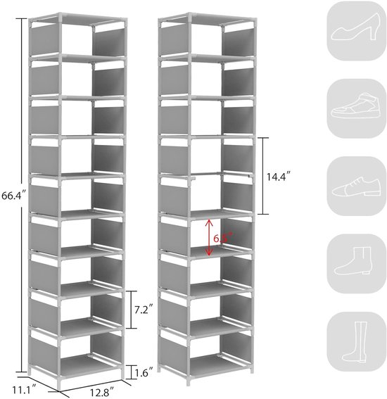 Grote capaciteit zwarte 43cm lange schoenenkast, opslag schoenenstandaard draagbare schoenenrek organisator ruimtebesparend duurzaam en stabiel voor entree, hal en kast,43 * 32 * 155cm,Black