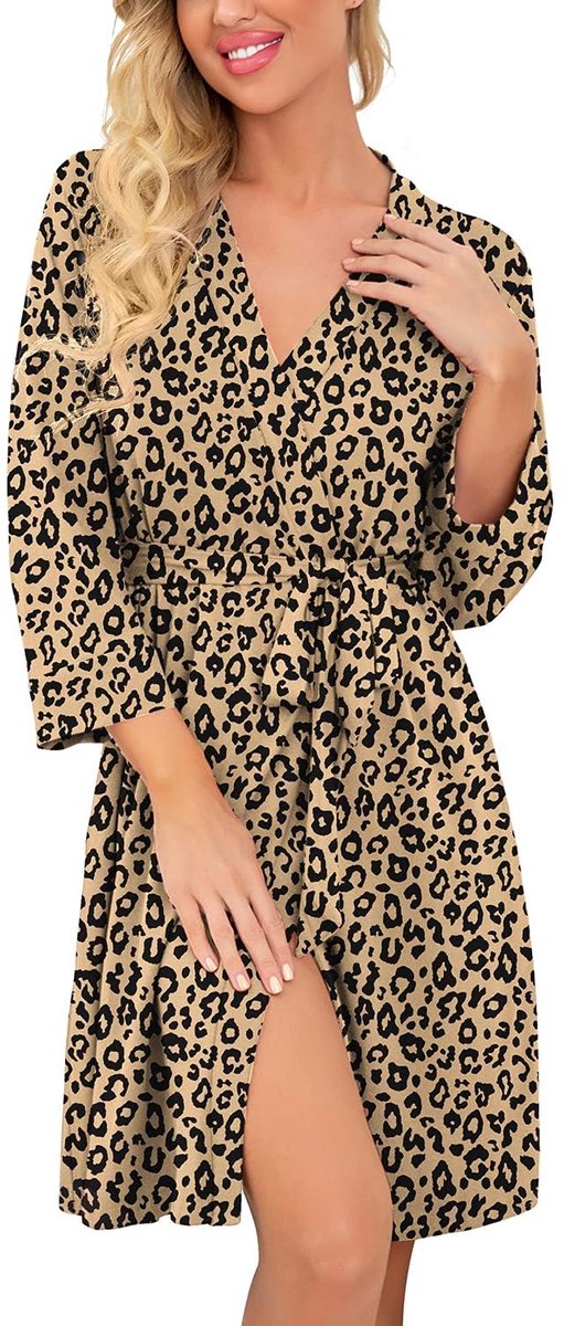 Dames Kimono Badjas - Kort Zacht Lichtgewicht met V-hals - Voor Reizen - Leopard Khaki S