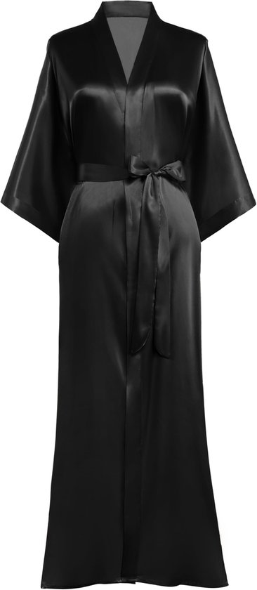 Prodesign kamerjas dames badjas satijnen kimono lang met riem effen nachtkleding lichtgewicht slaapjas zwart