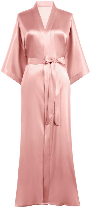 PRODESIGN Kamerjas Dames Badjas Satijnen Kimono Lang met Riem Effen Nachtkleding Lichtgewicht Slaapjas Roze