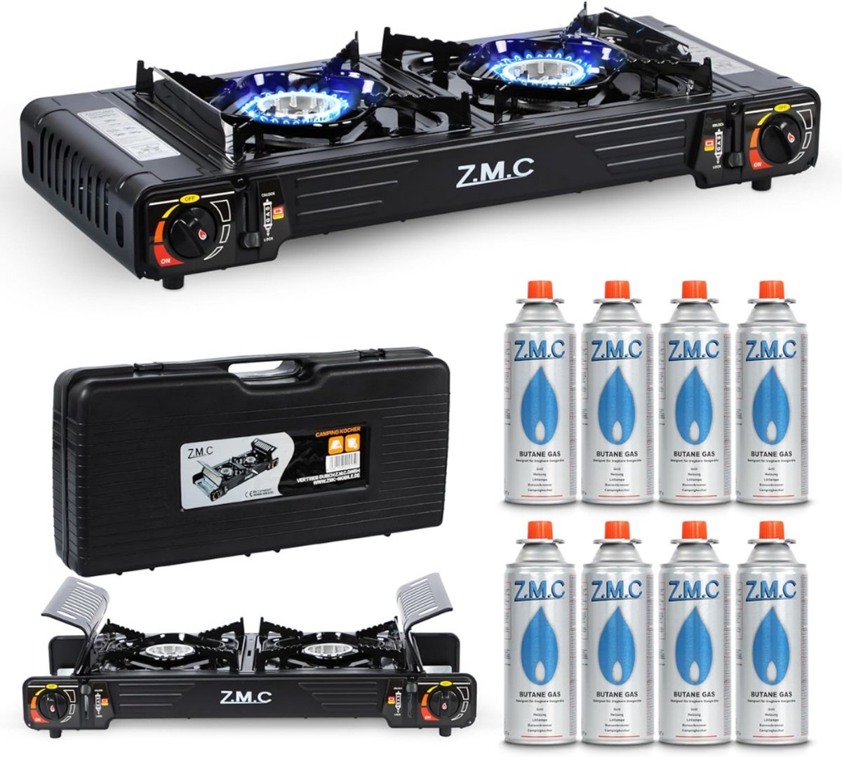 Z.M.C Premium campinggasfornuis met 2 pitten 45x24 cm + gaspatronen 227 g, campingfornuis met ontstekingsbeveiliging voor buiten en binnen, balkon tafel dubbel gasfornuis met piëzo-ontsteking