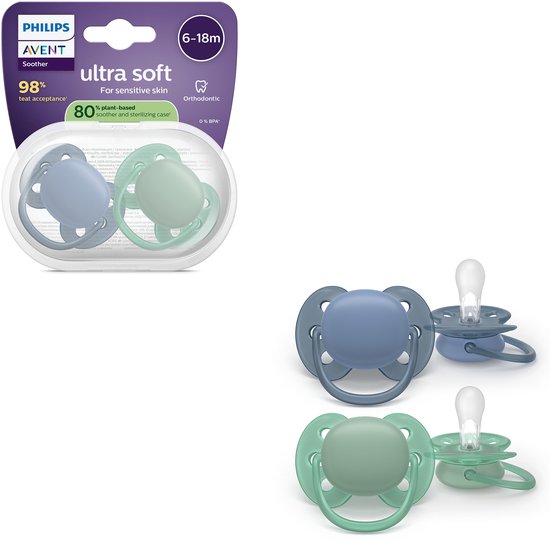 Verpakking met twee Philips Avent fopspenen, blauw en groen, en een aparte fopspeen.
