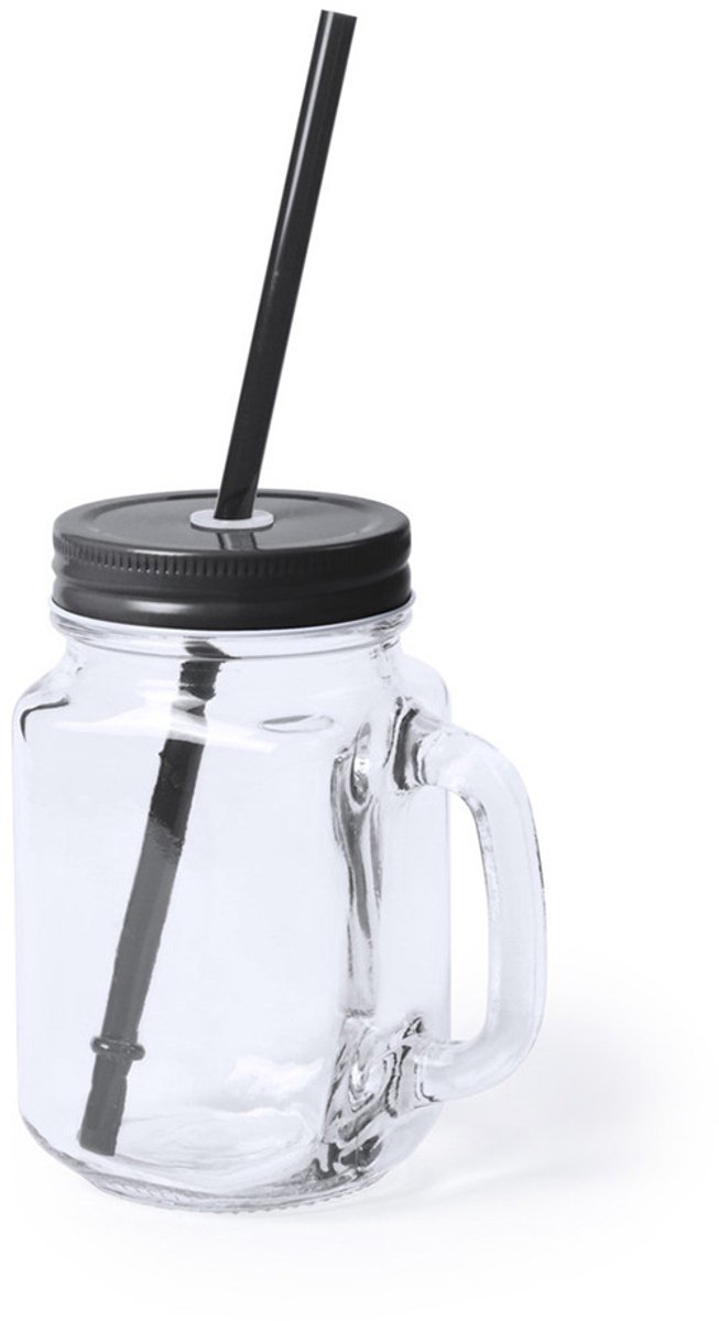 6x stuks Glazen Mason Jar drinkbekers met dop en rietje 500 ml - 3x zwart/3x rood - afsluitbaar/niet lekken/fruit shakes van QUVIO — afbeelding 4