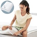 Vrouw met een geplooide elektrische deken met grijze rand en elastische banden.
