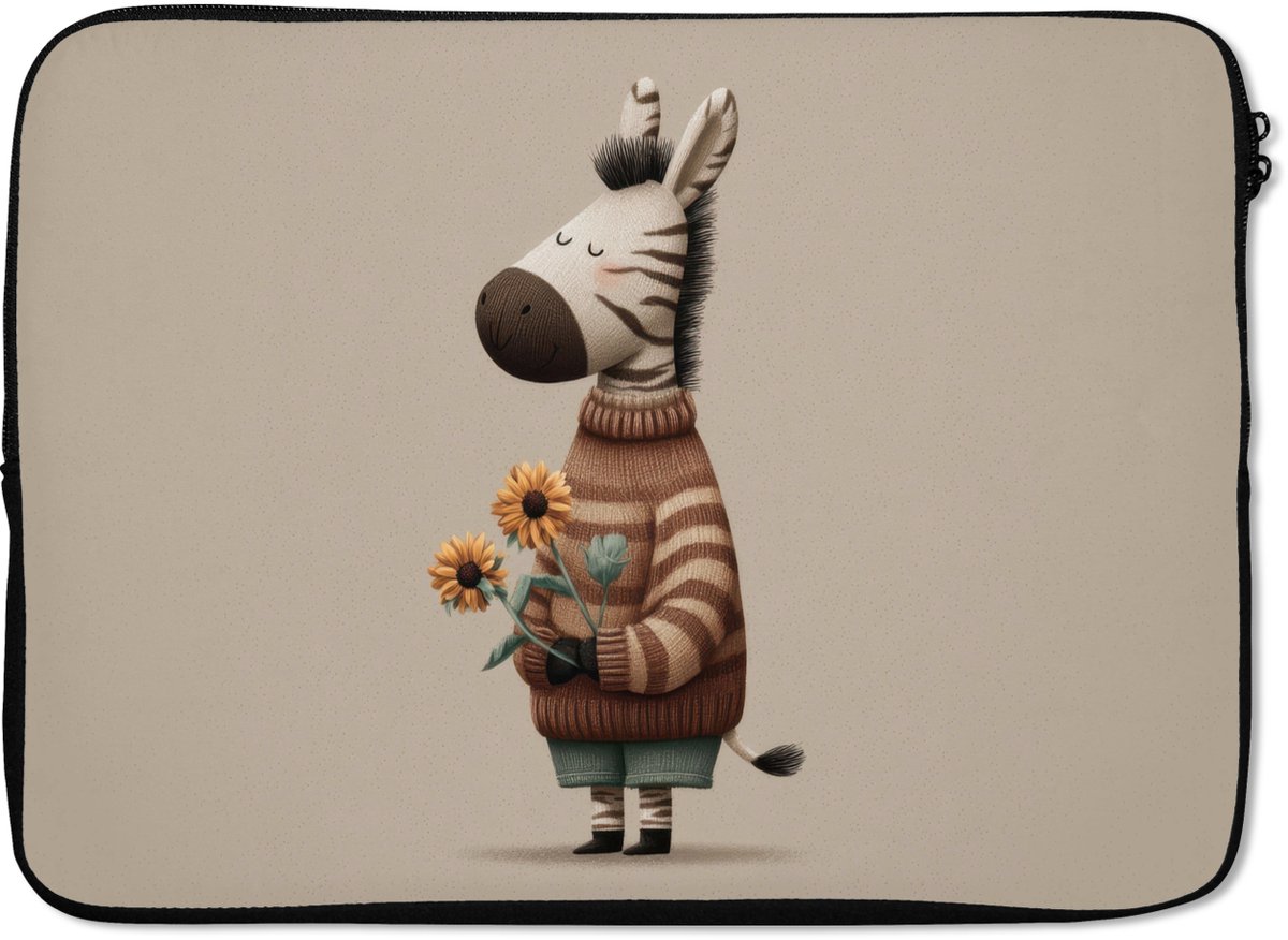 Laptophoes 14 inch - Zebra - Zonnebloemen - Warm - Laptop sleeve - Binnenmaat 33x23 cm - Zwarte achterkant