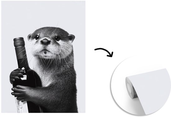 Behang - Fotobehang Wijnfles - Otter - Zwart - Breedte 190 cm x hoogte 260 cm