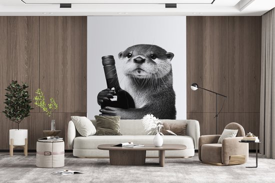 Behang - Fotobehang Wijnfles - Otter - Zwart - Breedte 190 cm x hoogte 260 cm