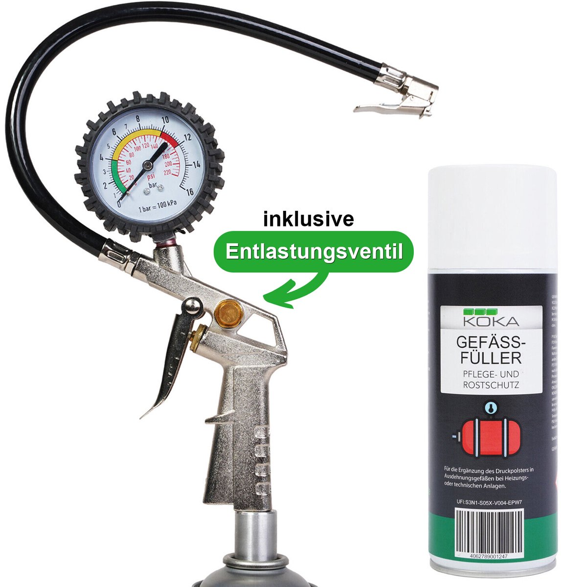 Vatvuller inclusief adapter met manometer en afsluiter