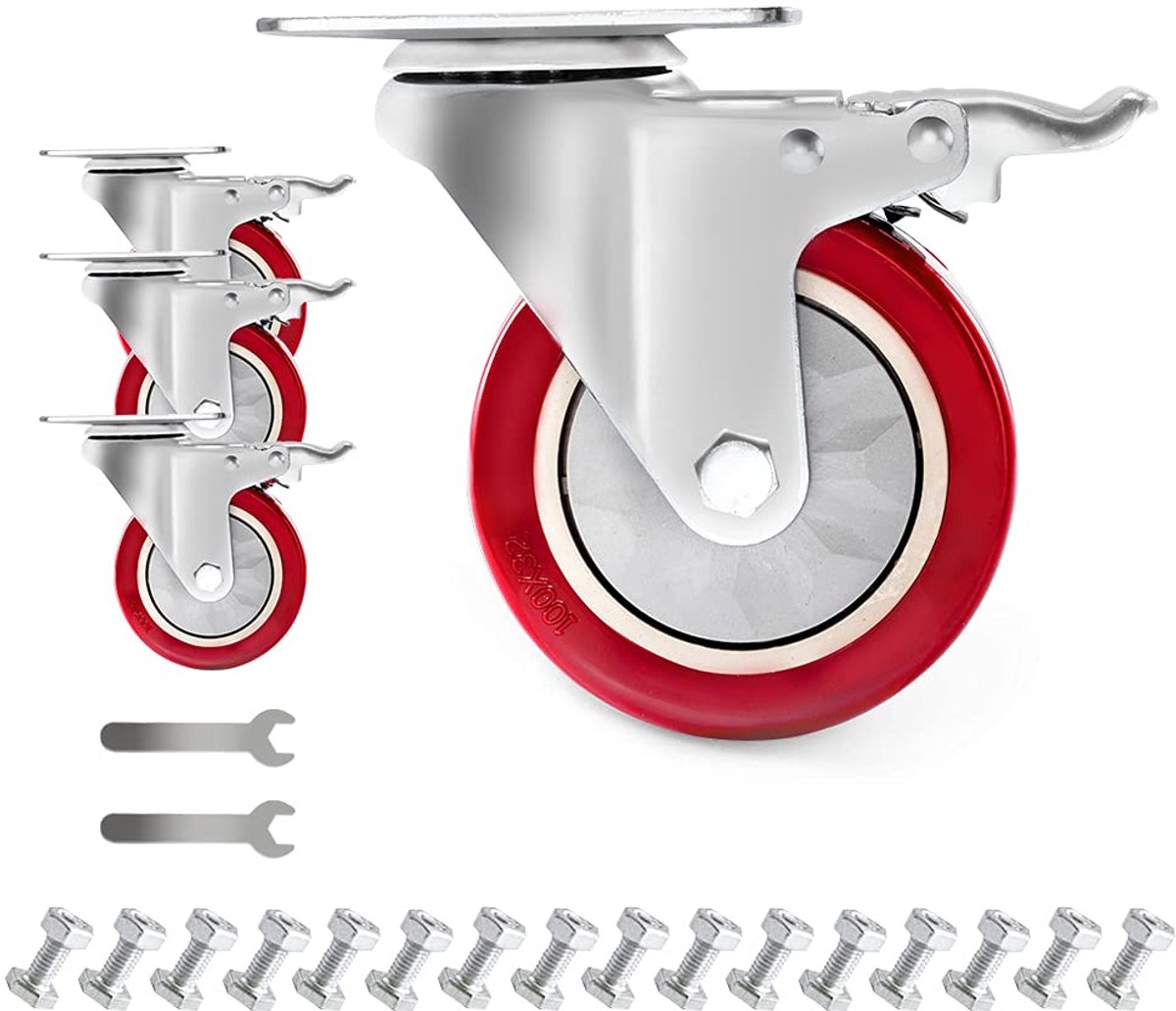 D&L Zwenkwielen, 10,2 cm (4 inch), draagvermogen 200 lbs, wielen met rem, polyurethaan, dubbele vergrendeling, set van 4, rood DL-I4-001