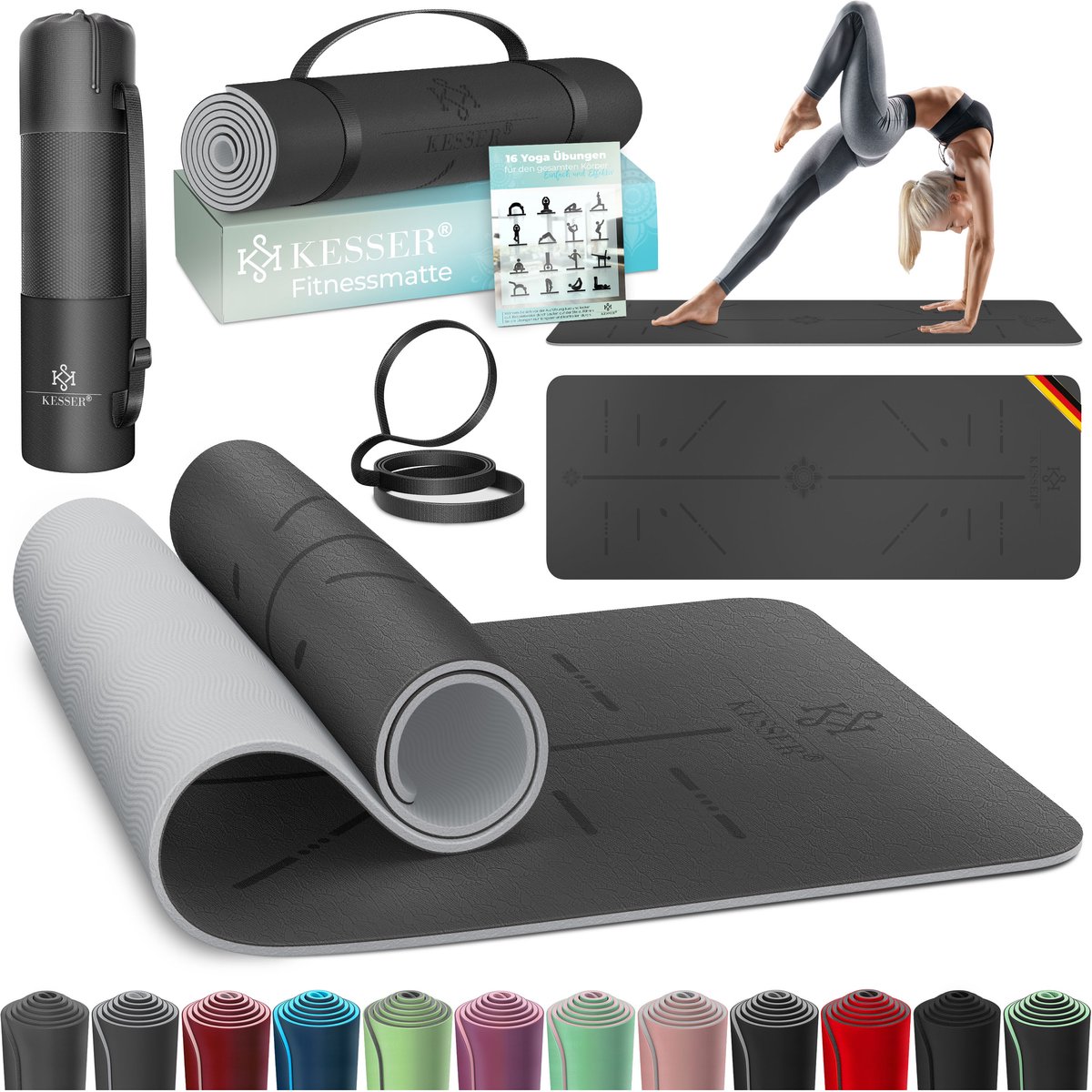KESSER® Yoga Mat Extra Dik 183x61cm - Turnmat TPE Fitnessmat Gewatteerd & Antislip Yogamat Trainingsmat voor Fitness Pilates & Gymnastiek - Grijs