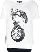 Wit T-shirt met vleermuiskat op pentagram-print, dubbele laag.