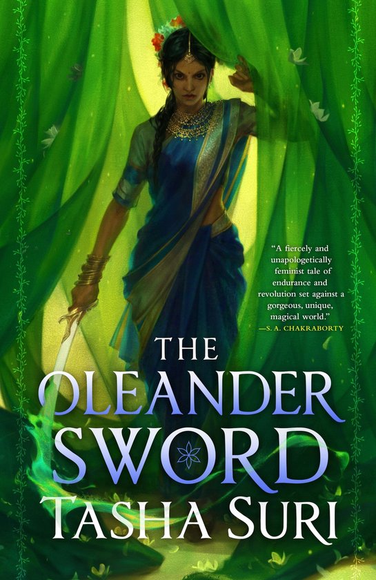 Een vrouw in een blauwe sari met sieraden, die een zwaard vasthoudt. De titel 'The Oleander Sword' staat prominent in de afbeelding.