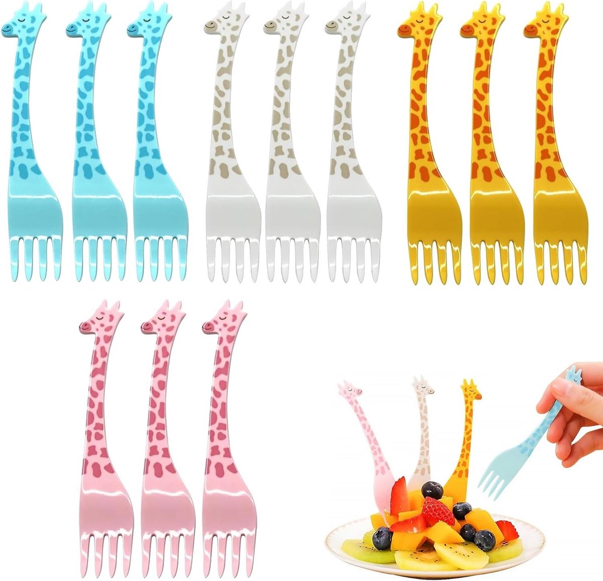 JGS Premium - Tandenstokers en fruitvorken set voor kinderen - Giraffe design - 12 stuks - Plastic vorken voor lunchbox en feestjes - Mini vorken voor fruit - Ideaal voor verjaardagsfeest en middagthee - Decoratieve spiesen