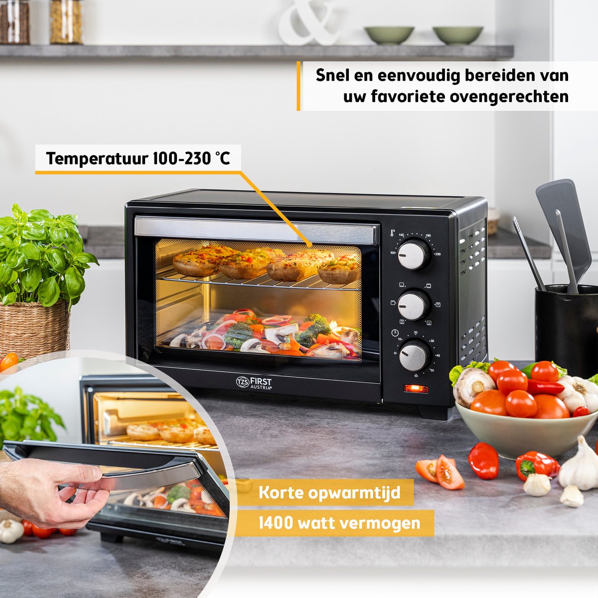 TZS First Austria Mini oven 20L - 1380W- Vrijstaande Heteluchtoven - max 230°C - Timer - Zwart – foto 7