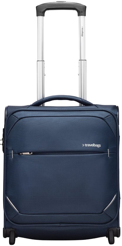 Donkerblauwe Travelbags handbagage trolley met trolleyhandvat, handvat aan de zijkant en zwarte wielen.