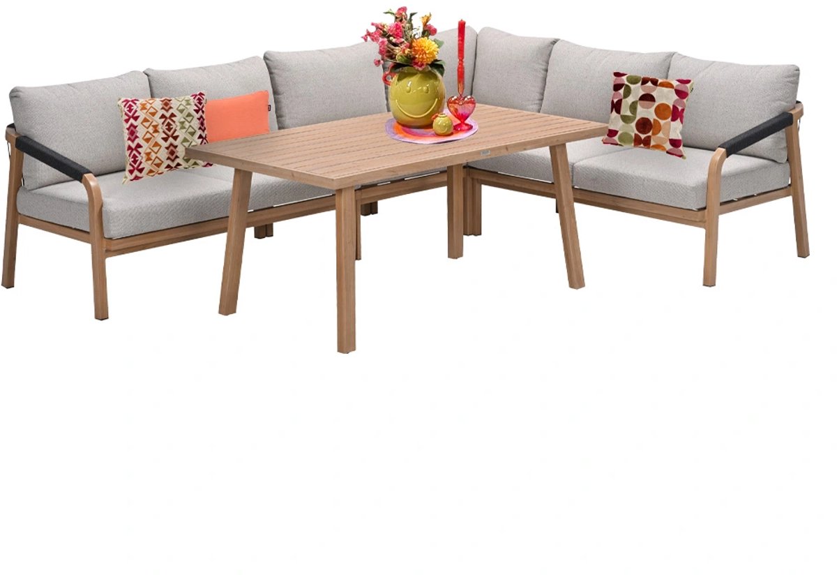 Monti lounge-diningset - 5-dlg. - light teaklook - zwart - gobi sand
