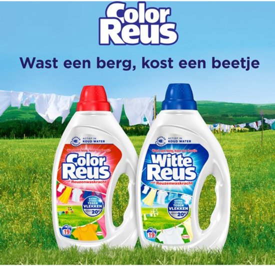 Deux bouteilles de lessive Color Reus et Witte Reus sur une prairie verte avec une corde à linge en arrière-plan. Texte : 'Lave une montagne, coûte peu'.