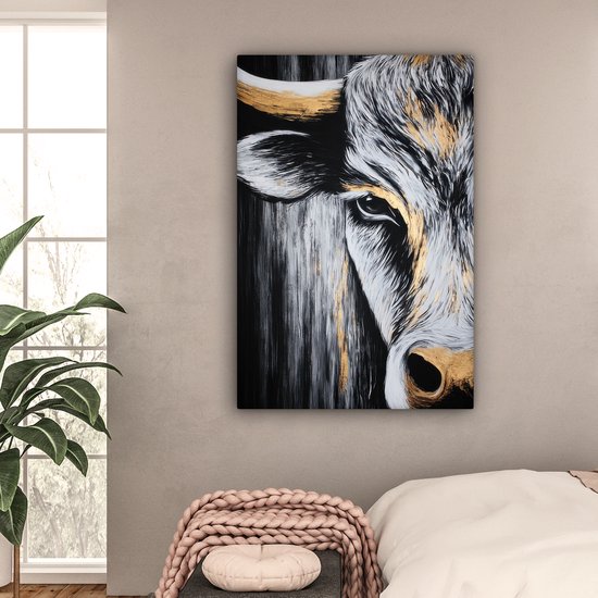 Tableau sur toile 80x120 cm - Décoration murale exclusive Taureau - Cornes - Museau - Or - Décoration murale salon - Décoration chambre - Accessoires chambre - Peintures sur toile