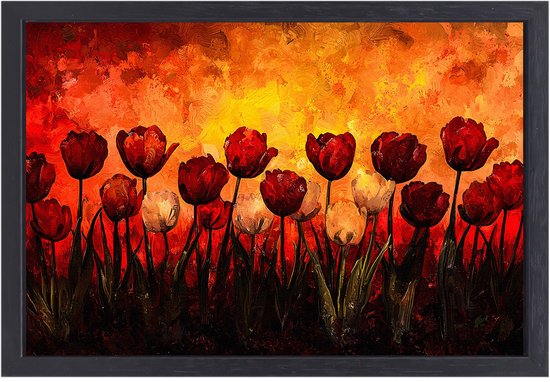 Tulpen op een vurige achtergrond - Tulpen canvaskunst - Wanddecoratie canvas bloemen - Expressionisme - Luxe canvas met baklijst - Accessoires voor de muur - canvas met baklijst 60x40 cm