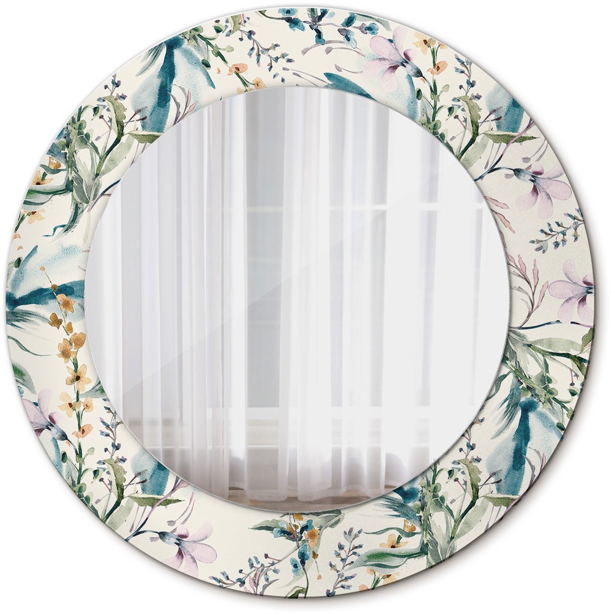 Tulup Spiegel - Ronde Spiegel - Spiegel op gehard Glas - Aquarelbloemen - Diameter: 50 cm - Crèmige - Badkamerspiegel - Gangspiegel - Eetkamer - Hal - Spiegel met een sierlijk motief - Decoratief Spiegel - Luxe Spiegel - Ophangsysteem