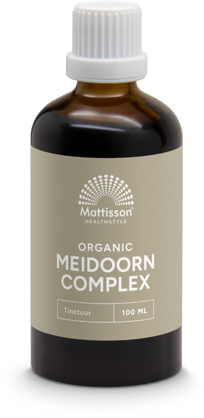 Bruine fles met crèmekleurig etiket: Mattisson Organic Meidoorn Complex Tinctuur 100 ML.