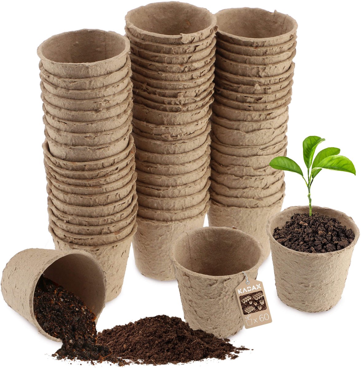 KADAX Turfpotten, kweekpotten, afbreekbare kweekpotten, zaailingen, kweekplaten, biologische pot, kweekpotten, papieren potten, groeipotten, vezelpotten (60 stuks, rond)