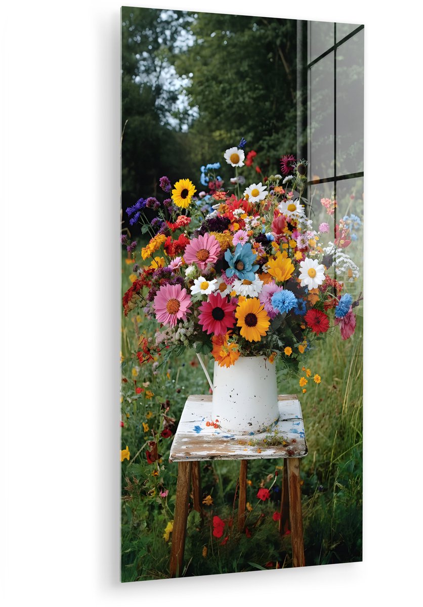MuchoWow® Glasschilderij 40x80 cm - Schilderij acrylglas - Bloemen - Krukje - Gieter - Vel