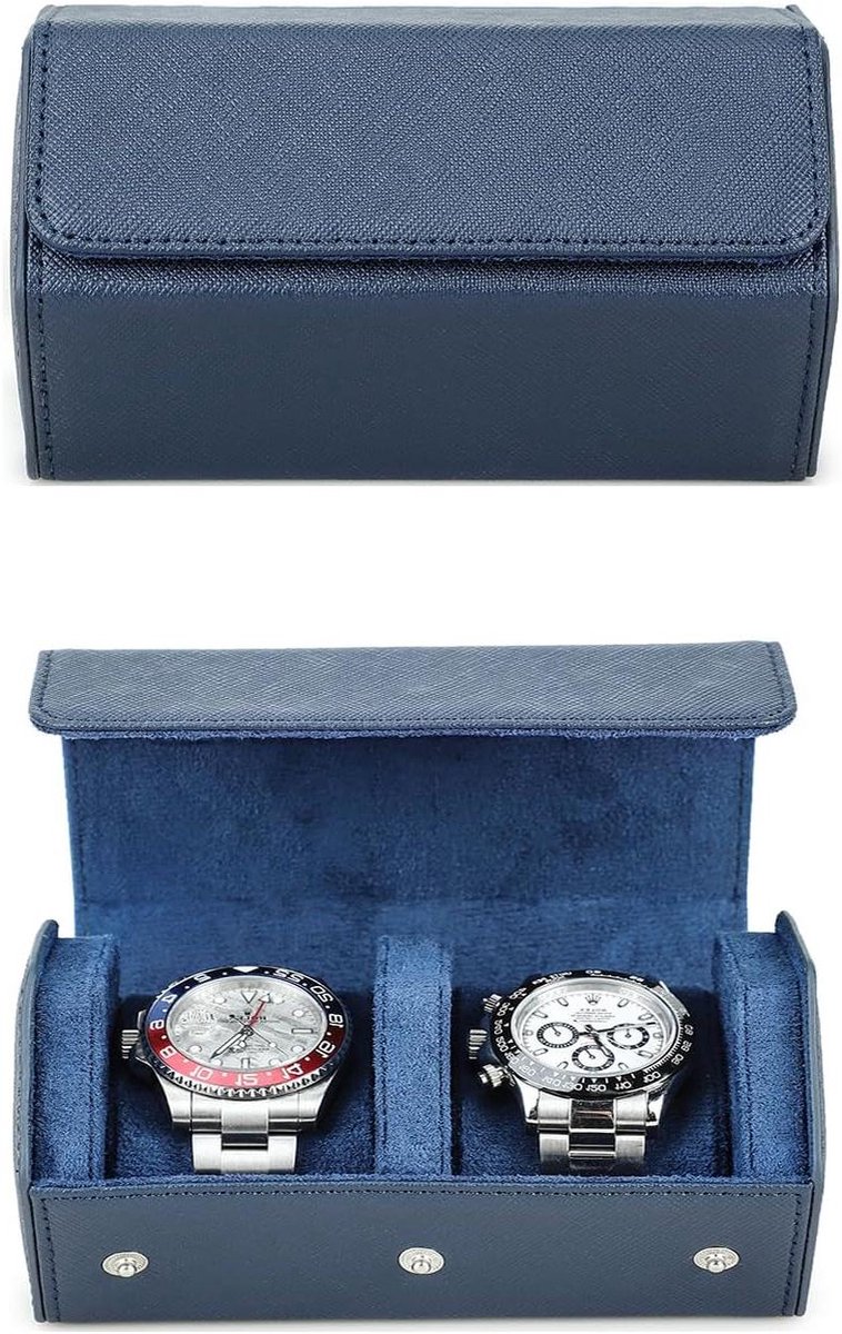 Allecto Plus - Zeshoekige horlogekoker van echt leer voor 2 horloges - Reisbox voor horloges - Blauw - Organizer voor polshorloges - Beschermende opbergdoos met zoekwoorden: horlogekoker, reisbox