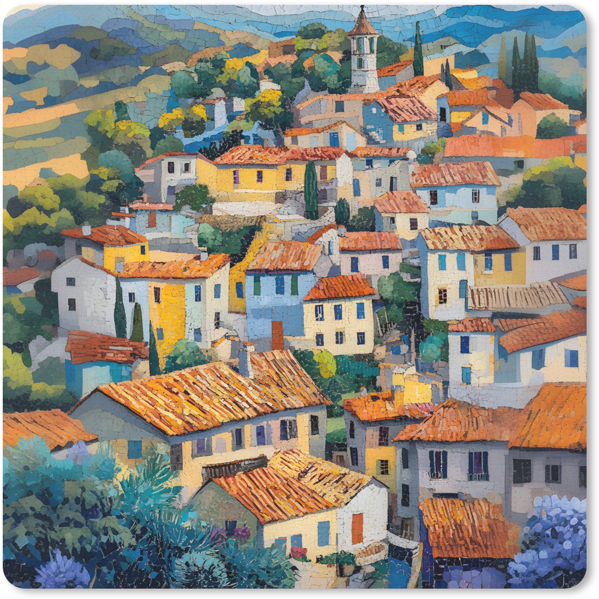 Muismat 20x20 cm - Mousepad Dorp - Heuvels - Landschap - Bomen - Muismatten