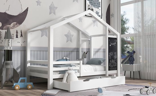 Stapelbed Met Ladder, Huisbed, Kinderbed, Met Veiligheidsdeur, Met Raam En Dak Grenen Mdf Wit Naturel 90x200cm