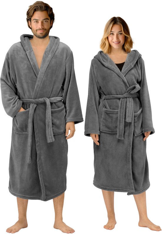 Foto: Homelevel flanellen oversize badjas unixex voor vrouwen en mannen aankleedjurk sauna badjas reizen badjas gezellig zacht sauna badjas antraciet maat 3xl