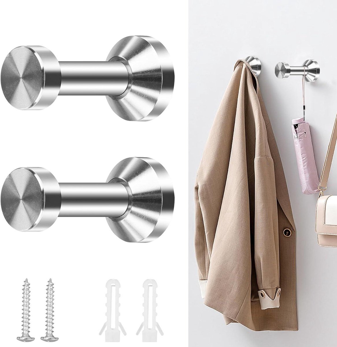 Allecto Plus - Set van 2 roestvrijstalen handdoek- en kledinghaken | Garderobehaken met bevestigingsschroeven | Geschikt voor keuken en badkamer | 48 mm | Ophangen van kleding en alledaagse voorwerpen