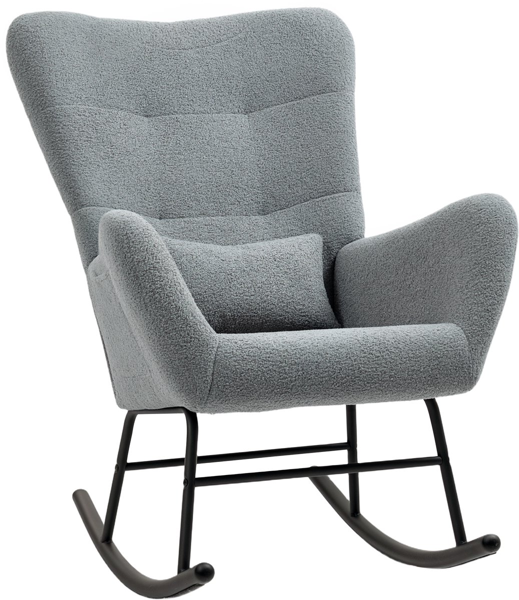 HOMCOM - Schommelstoel - met Teddy Stoffen Look - Lendenkussen - Grijs