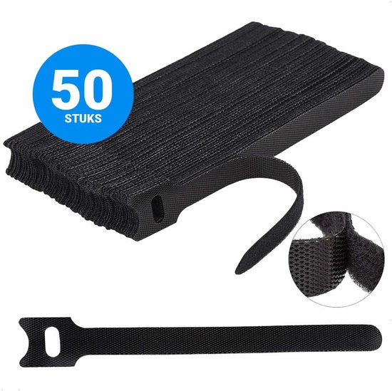 Herbruikbare Kabelbinders Klittenband | 50 Pack | Kabelmanagement | Duurzaam alternatief voor Tie Rips | Hersluitbaar | Kabel oproller | Organizer | Opbergen | 15 Centimeter lang | Totaal 7.5m | Zwart