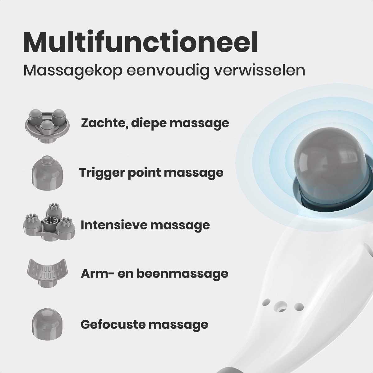 Afbeelding 3 van Auronic Massage Apparaat - Nek en Rug - Draadloos - 5 Opzetstukken - Wit/Grijs